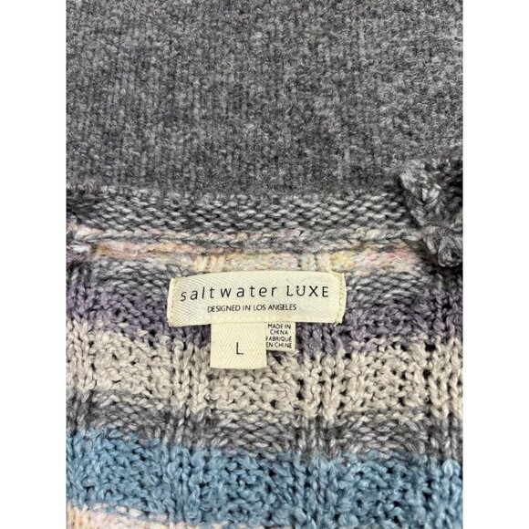 Saltwater Luxe Sweater Womens Large Gray Pastel Stripe Button Cardigan Knit - Picture 2 of 7
